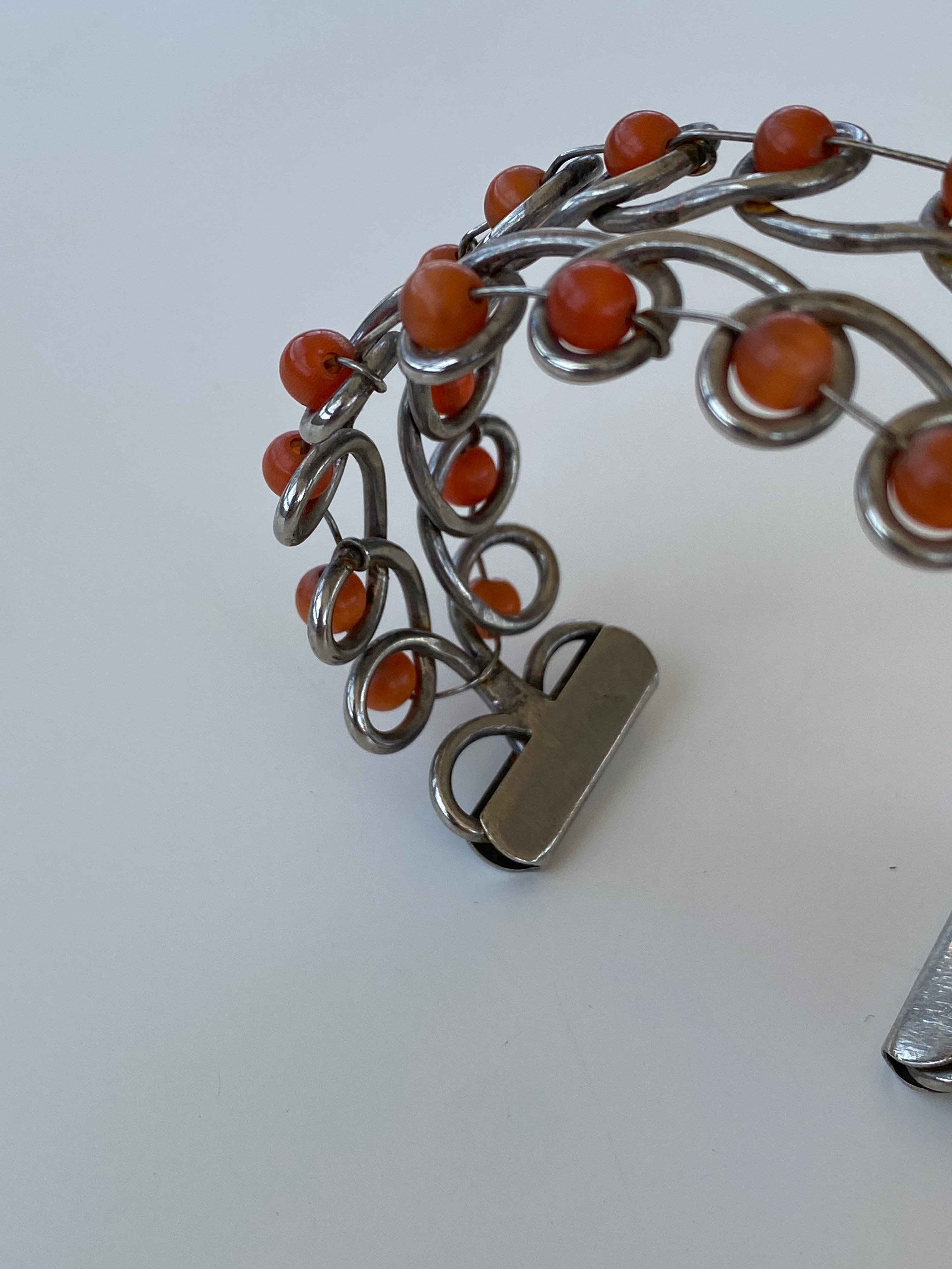 Vintage Wire Wrapped Bracelet with Orange Glass Beads – Retro Boho Jewelry