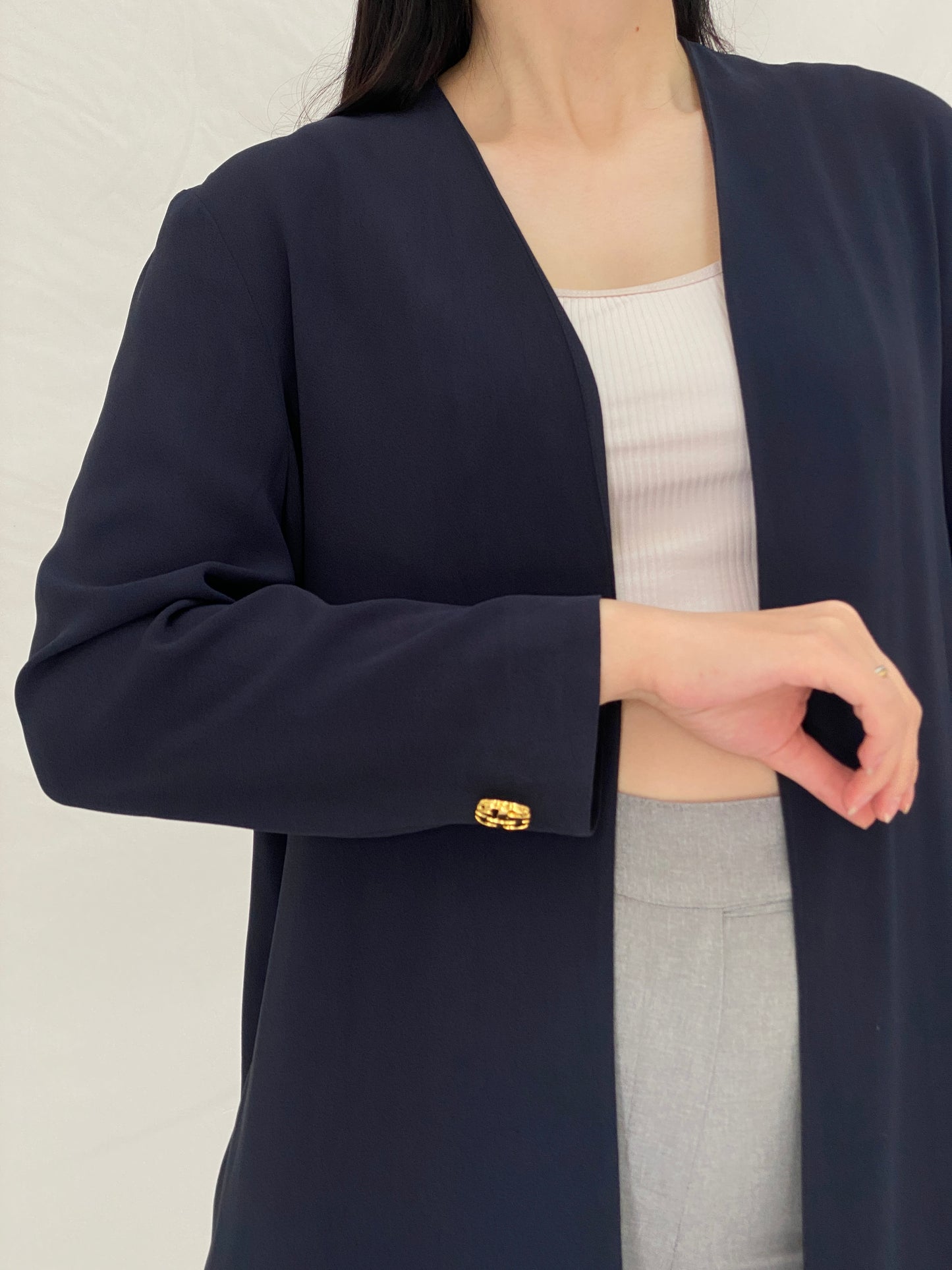 Vintage Donna Moda Navy Longline Minimalist Cardigan with Gold Buttons - L
