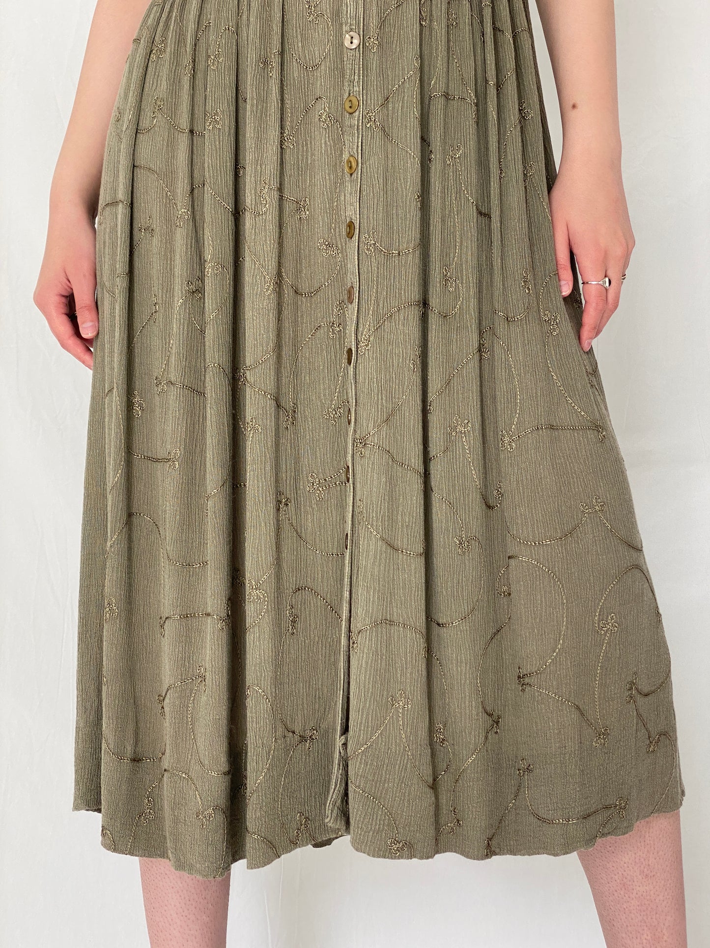 Vintage 90s Olive Embroidered Boho Rayon Blend Button Midi Dress – M