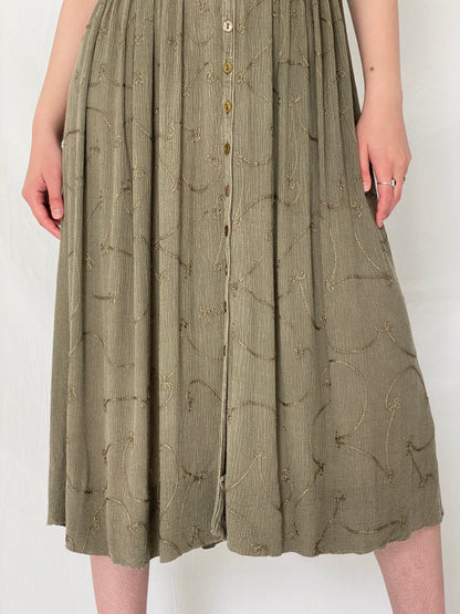 Vintage 90s Olive Embroidered Boho Rayon Blend Button Midi Dress – M