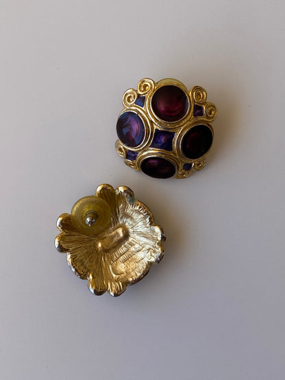 Vintage Jewel Tone Cabochon Stud Gold Tone Purple Statement Earrings