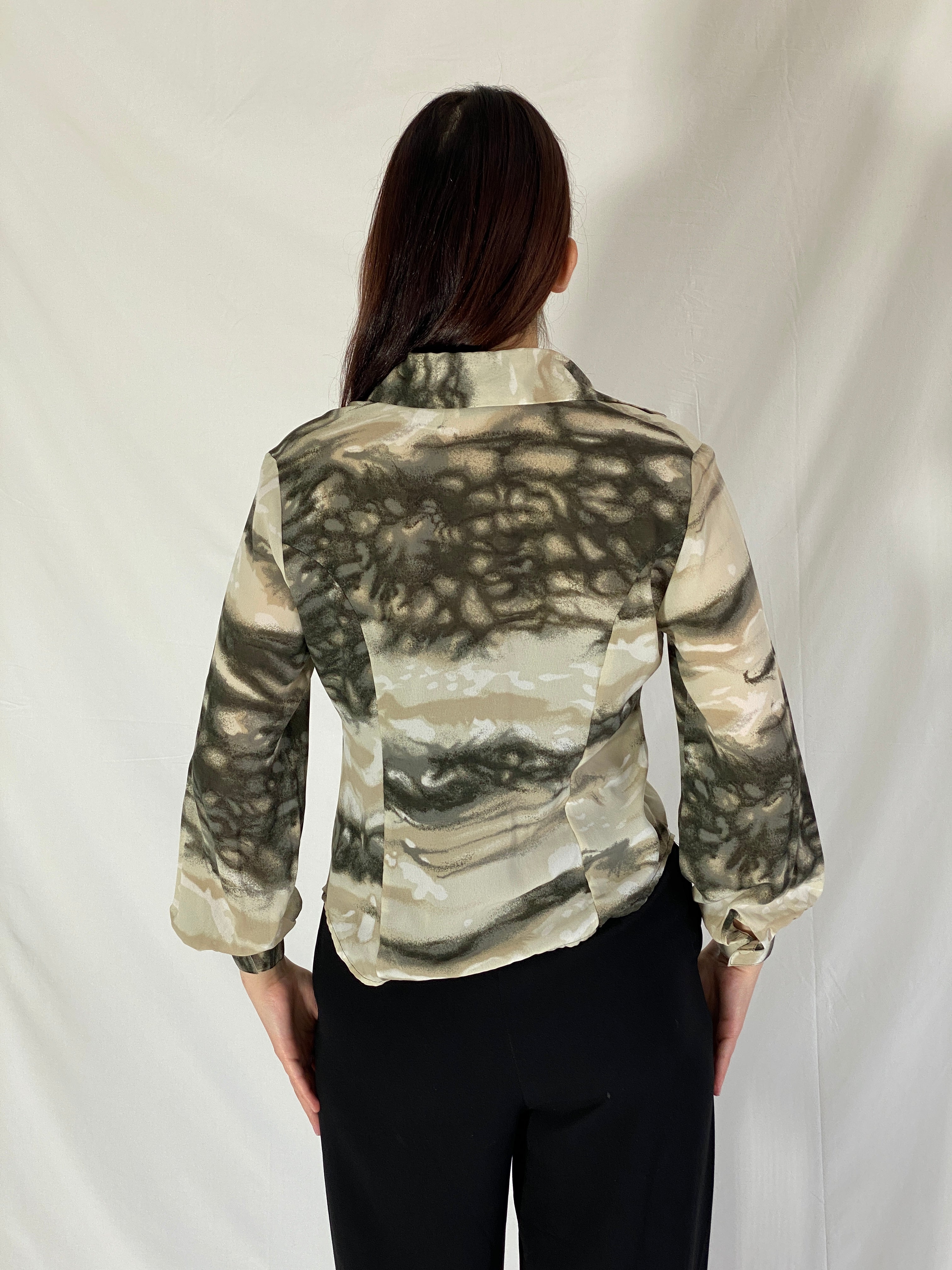 Dressbarn Abstract Tie Dye Print Button-Up Blouse Long Sleeve Shirt - S