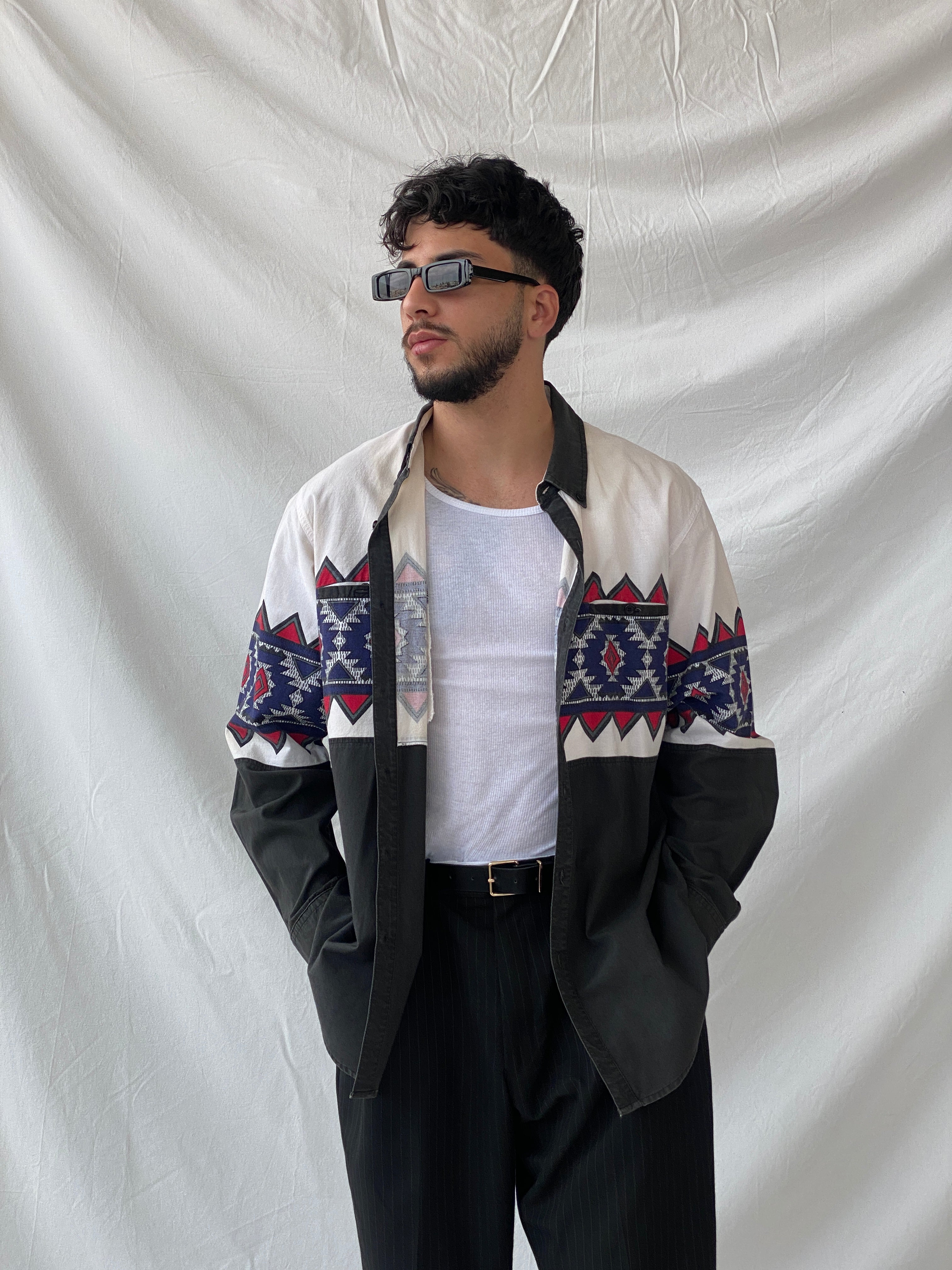 Vintage Spindle River Classics Men’s White Western Style Long Sleeve Cotton Button Up Shirt - L