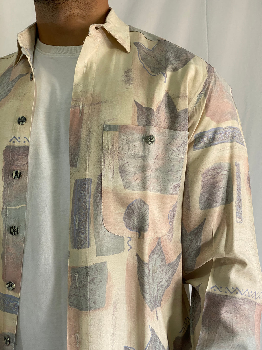 Vintage 90s Club D’Amingo Beige Abstract Leaf Print Men’s Long Sleeve Shirt - L