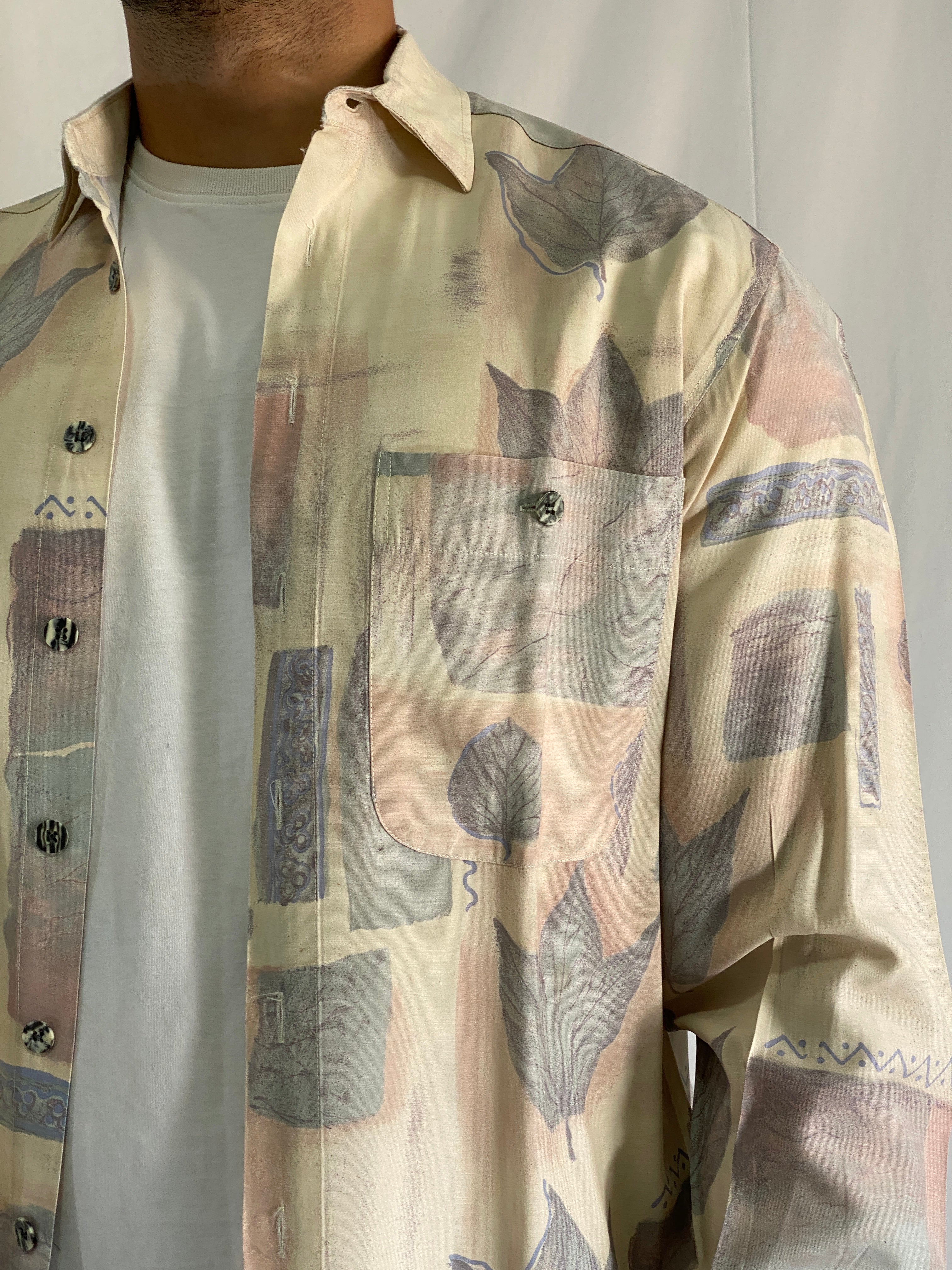 Vintage 90s Club D’Amingo Beige Abstract Leaf Print Men’s Long Sleeve Shirt - L