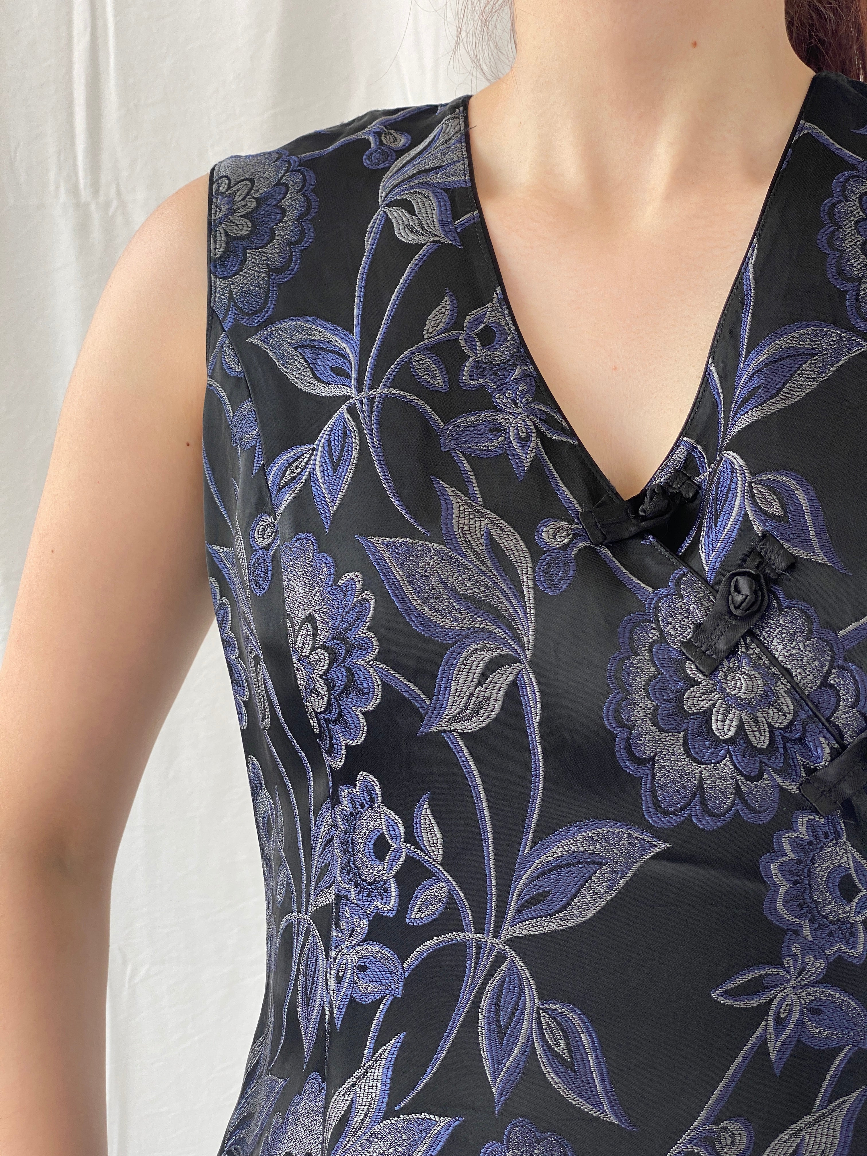 Vintage TINTORETTO Black Blue Floral Sleeveless Wrap Blouse Chinese Brocade Top - L