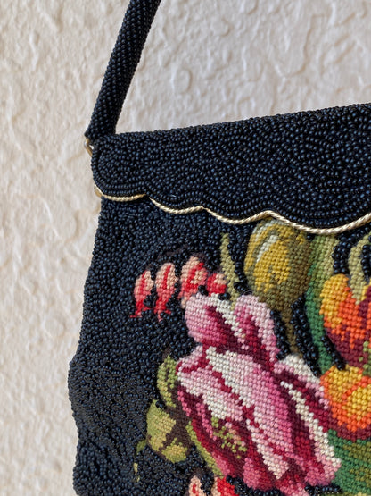 Vintage 1950s Black Micro Beaded Tapestry Floral Evening Bag – Gold Frame Mini Handbag