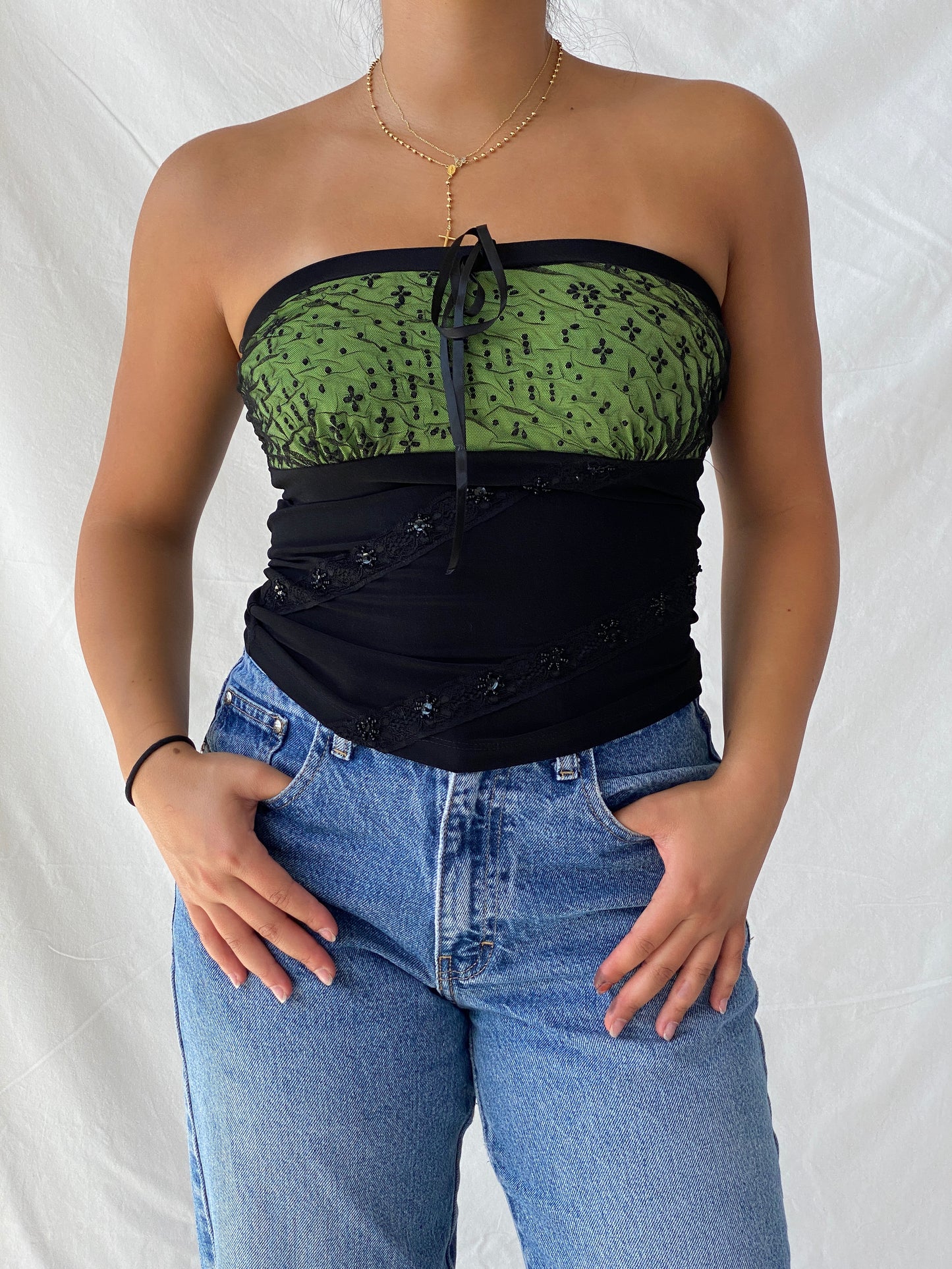 Vintage 00s Sensi Y2K Black and Green Bandeau Beaded Top - S