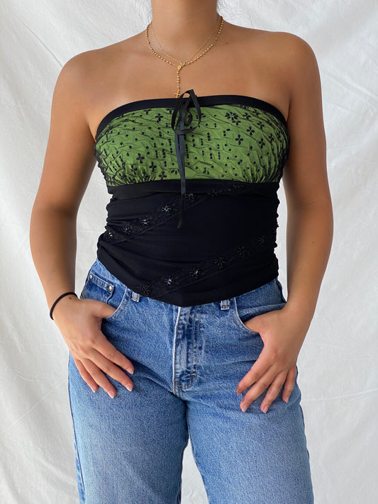 Vintage 00s Sensi Y2K Black and Green Bandeau Beaded Top - S