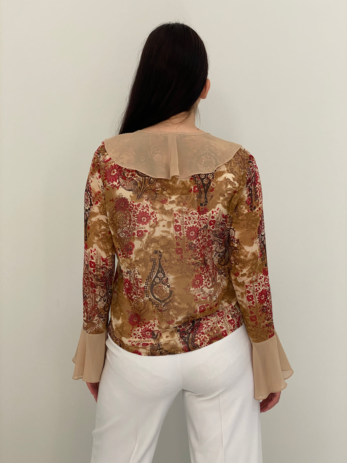 Vintage Y2K Yazen Beige Brown Paisley Floral Ruffle Bell Sleeve Blouse - M