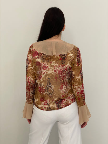 Vintage Y2K Yazen Beige Brown Paisley Floral Ruffle Bell Sleeve Blouse - M