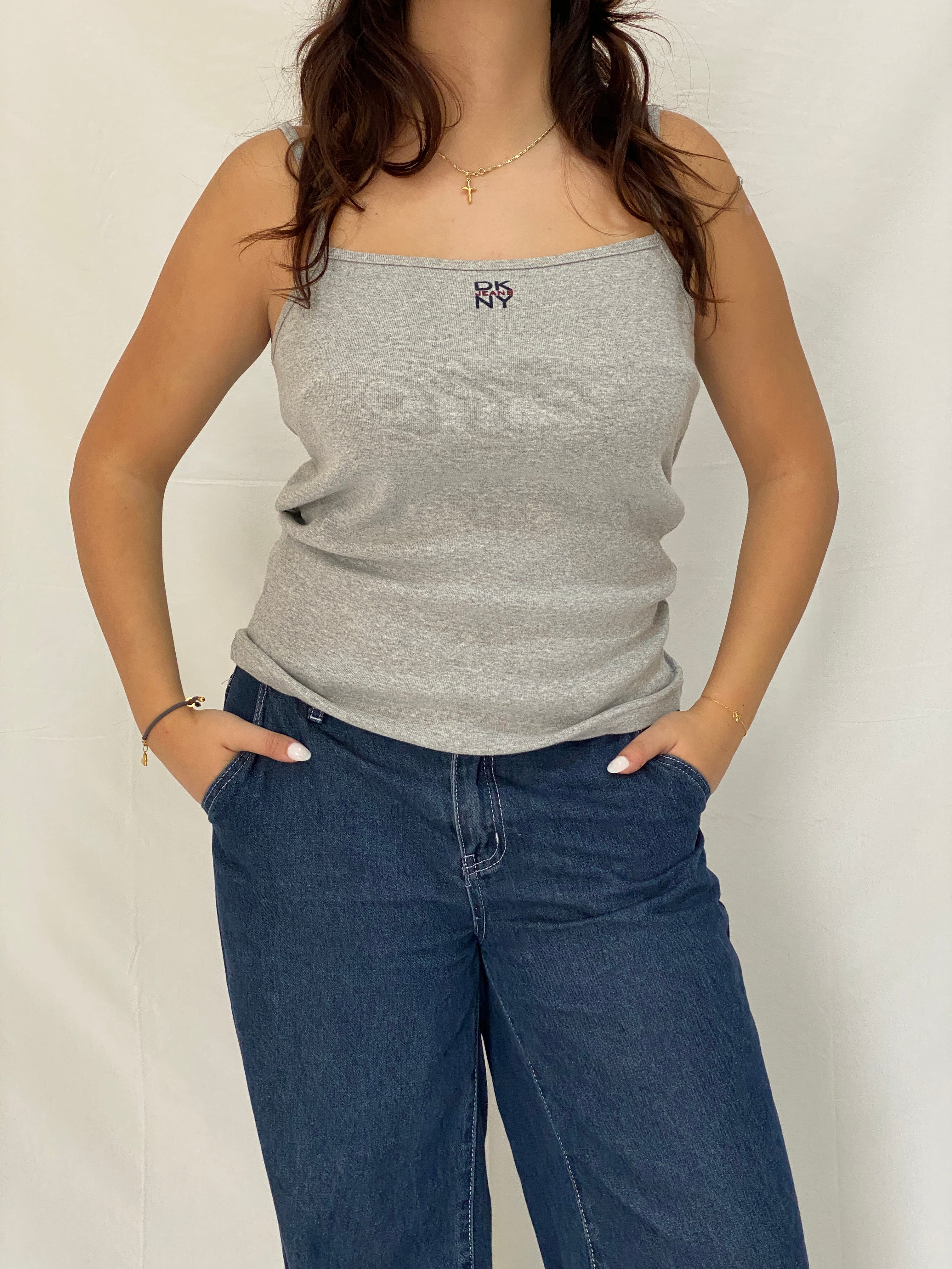 Vintage Y2K DKNY Grey Tank Top Minimalist Logo Cami, Stretchy Basic - M
