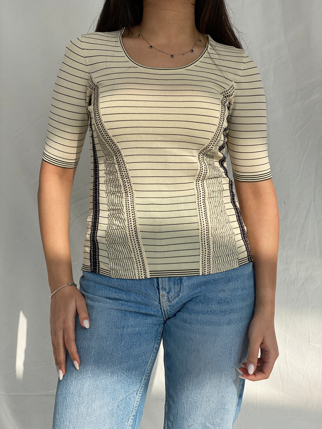 Vintage Beige Striped Women’s Top with Ruched Panels & Contrast Stitching - S