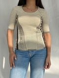 Vintage Beige Striped Women’s Top with Ruched Panels & Contrast Stitching - S