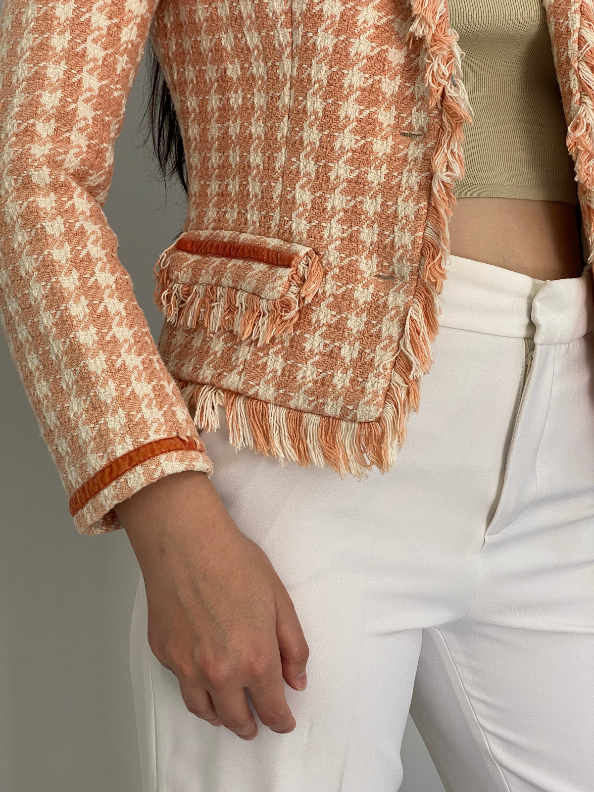 Vintage Y2K Laforet Collection Peach & Cream Houndstooth Fringe Tweed Blazer - XS