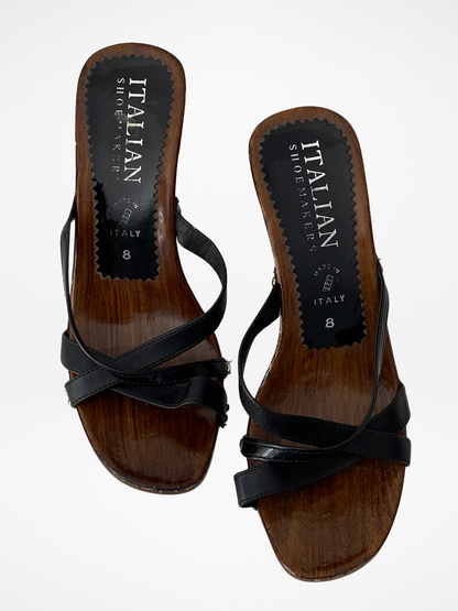 Vintage Y2K Italian Shoemakers Made in Italy Black Strappy Wooden Clog Heels - 39 EU