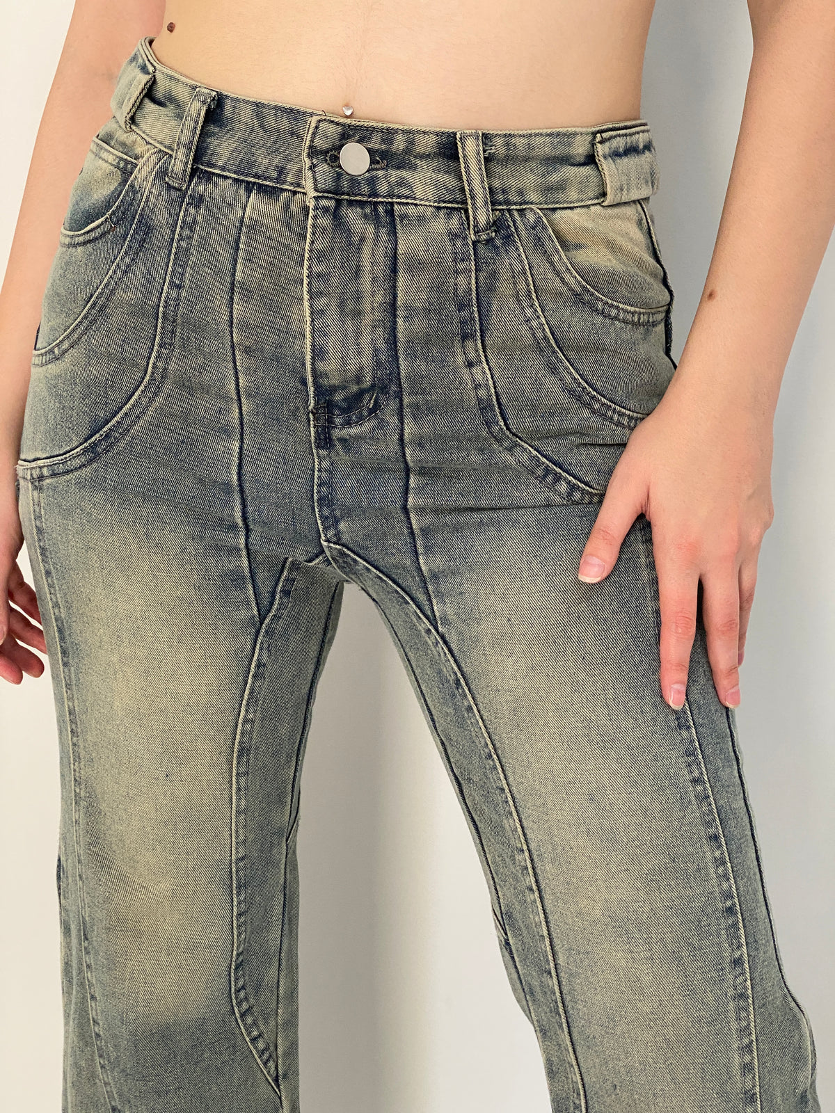 Vintage Y2K Washed Blue Denim Panelled Flare Jeans - 38EUR