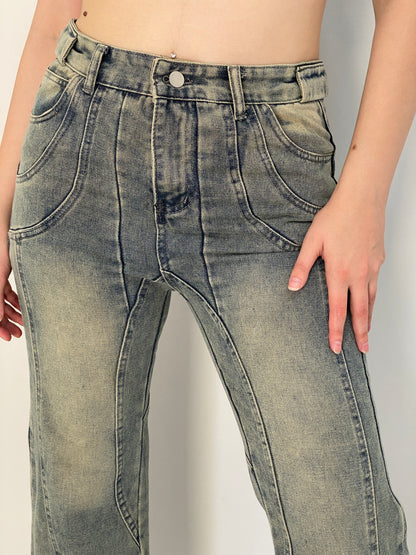 Vintage Y2K Washed Blue Denim Panelled Flare Jeans - 38EUR