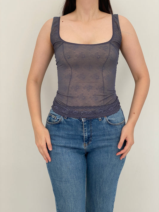 Vintage Charcoal Blue Sheer Floral Lace Corset Tank Top – XS