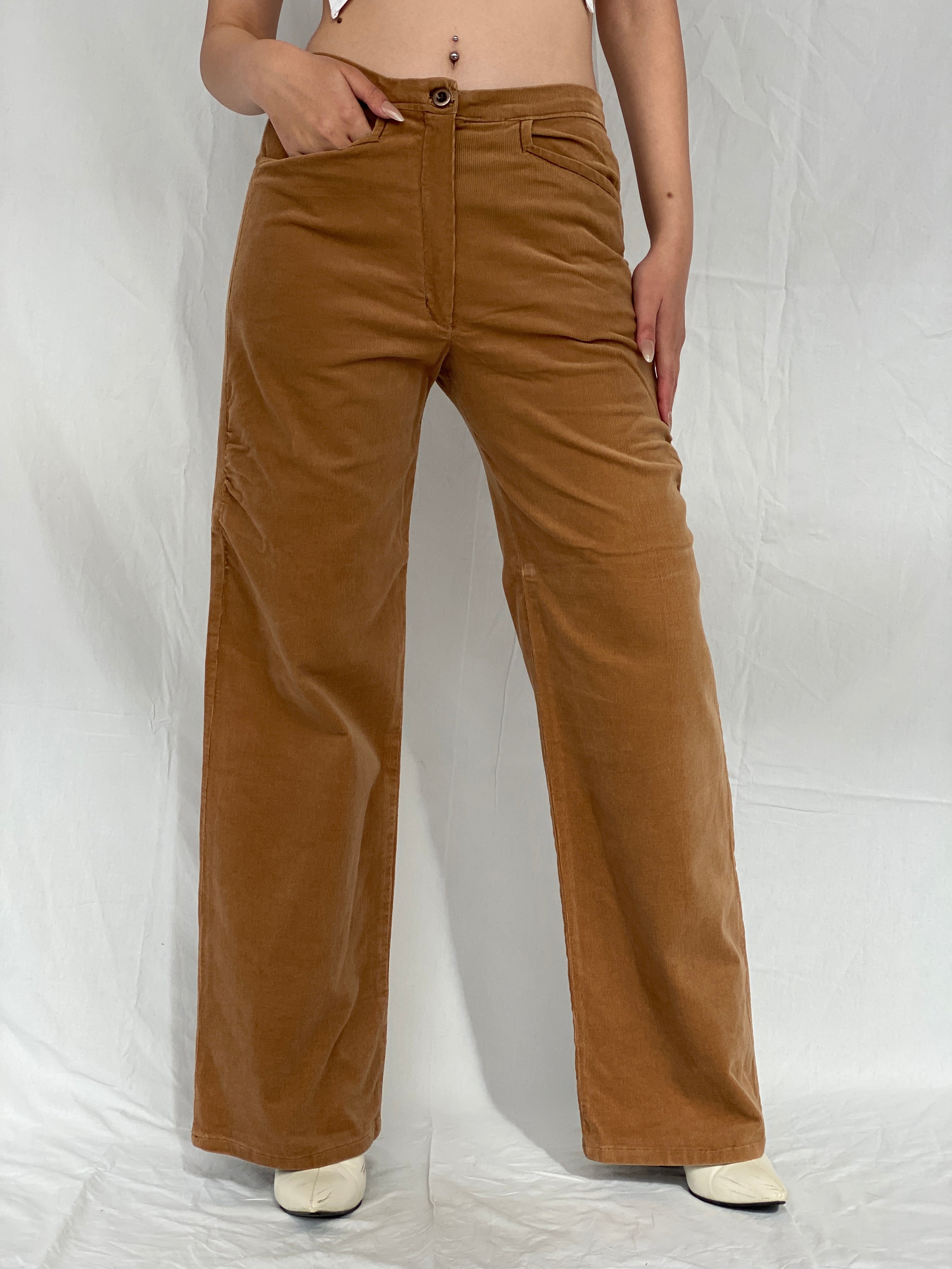 Vintage Handmade Wide-Leg Brown Mid-Rise Corduroy Pants - 38EUR