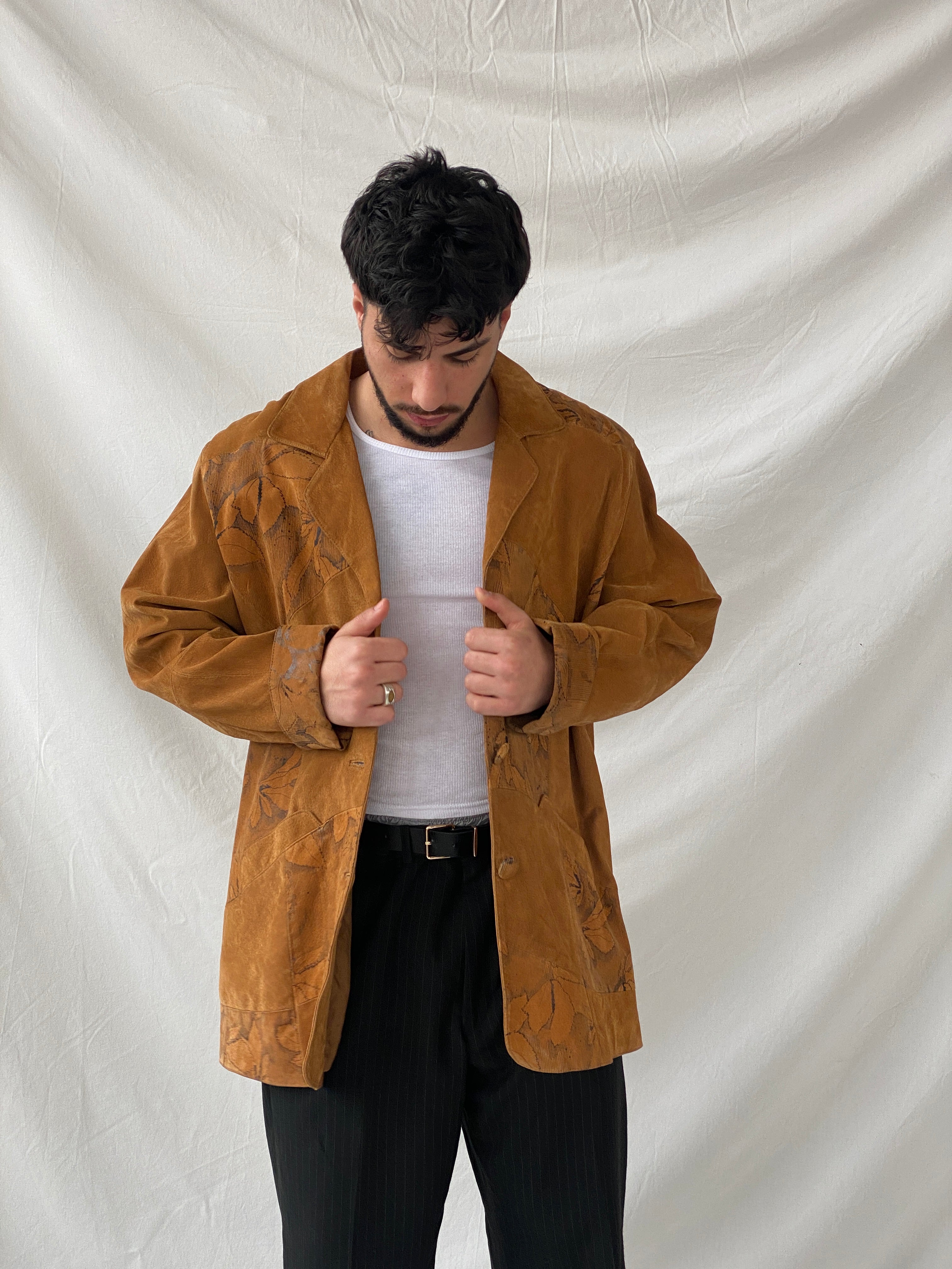 Vintage Men’s Genuine Brown Suede Leather Oversized Floral Blazer - XL