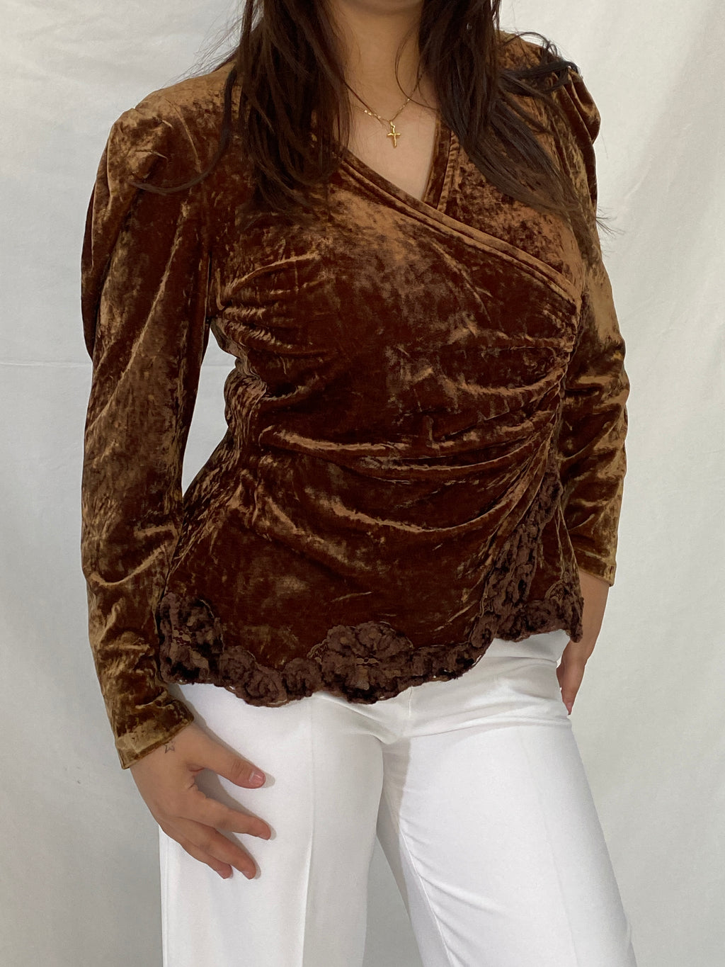 Vintage GEORGEDÉ Paris Brown Crushed Velvet Top Puff Sleeve Wrap Ruched Blouse - M