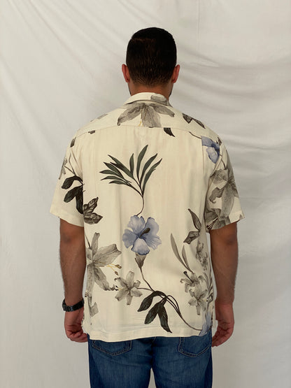 Vintage Caribbean Joe Cream Floral 100% Silk Camp Tropical Shirt - M