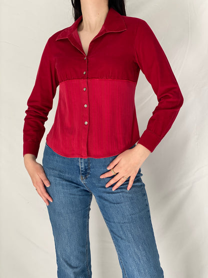 Vintage J.Jill Red Corduroy Corset Panel Shirt Fitted Button-Up Blouse - S