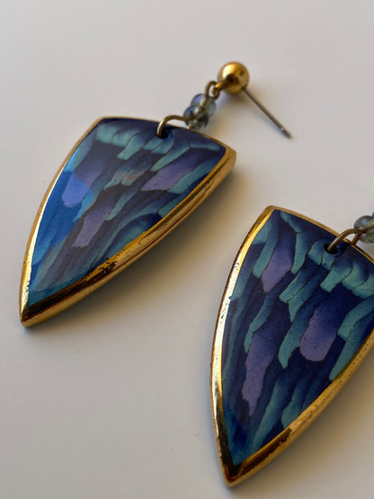 Vintage Abstract Enamel Drop Earrings Blue Geometric Shield Dangle Earrings