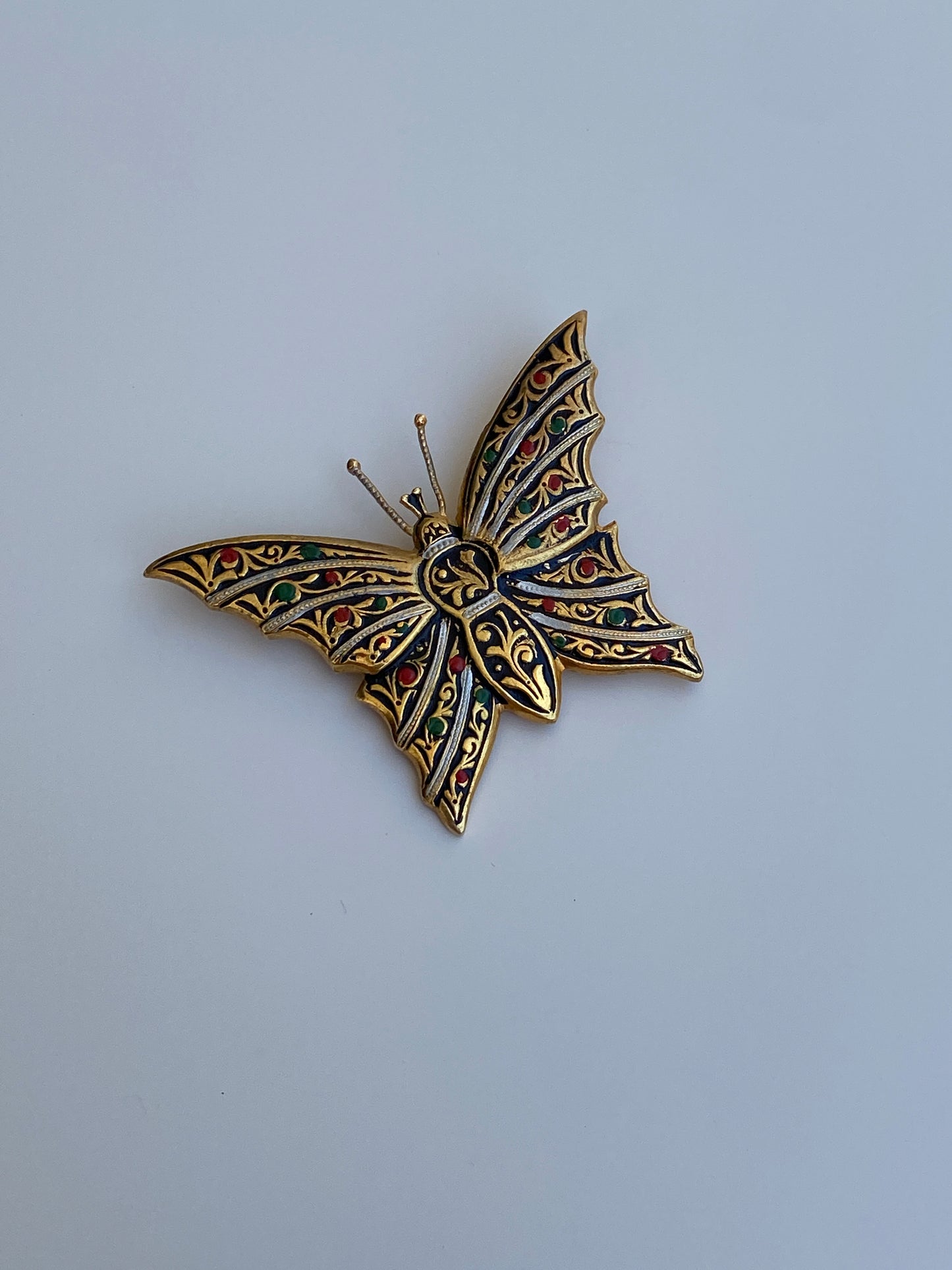 Vintage Spanish Damascene Style Butterfly Brooch Gold & Black Enamel Floral Pin
