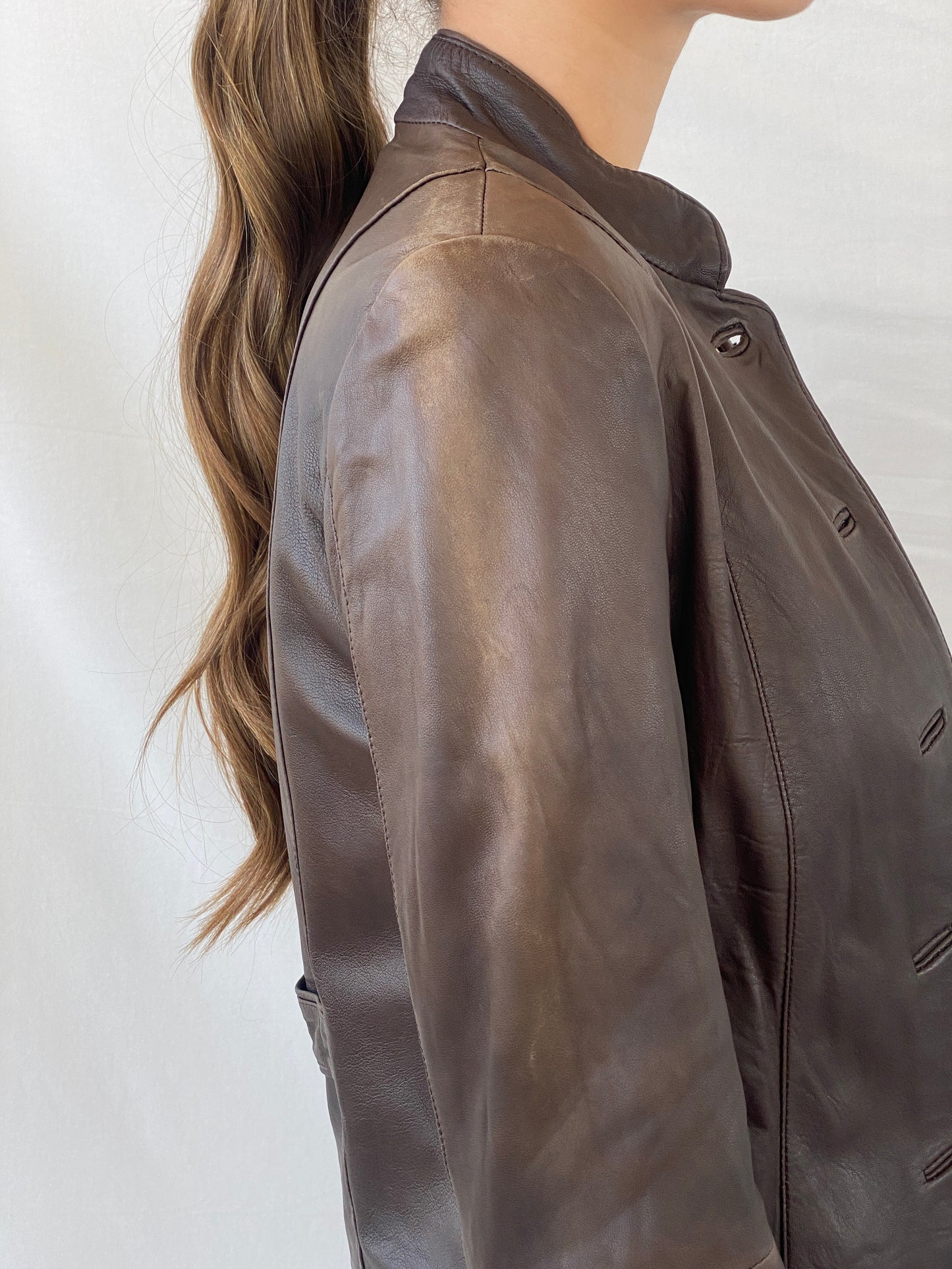 Elegant Camaíeu Brown Genuine Lamb Leather Fitted Jacket - S