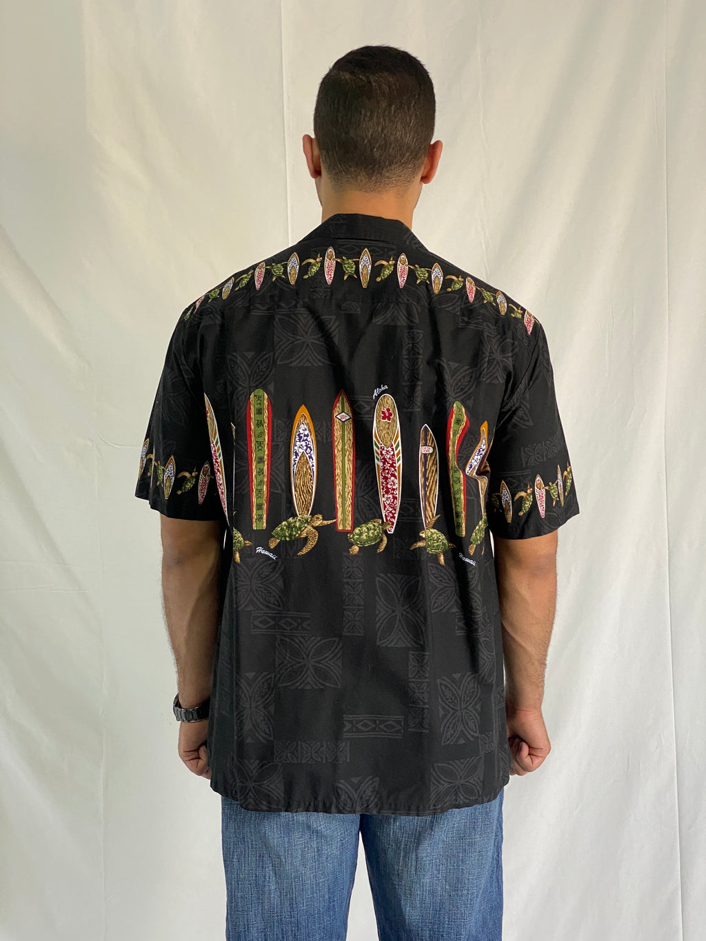 Royal Hawaiian Creations Black Cotton Aloha Surfboard And Turtle Print Men’s Short Sleeve Shirt - XL