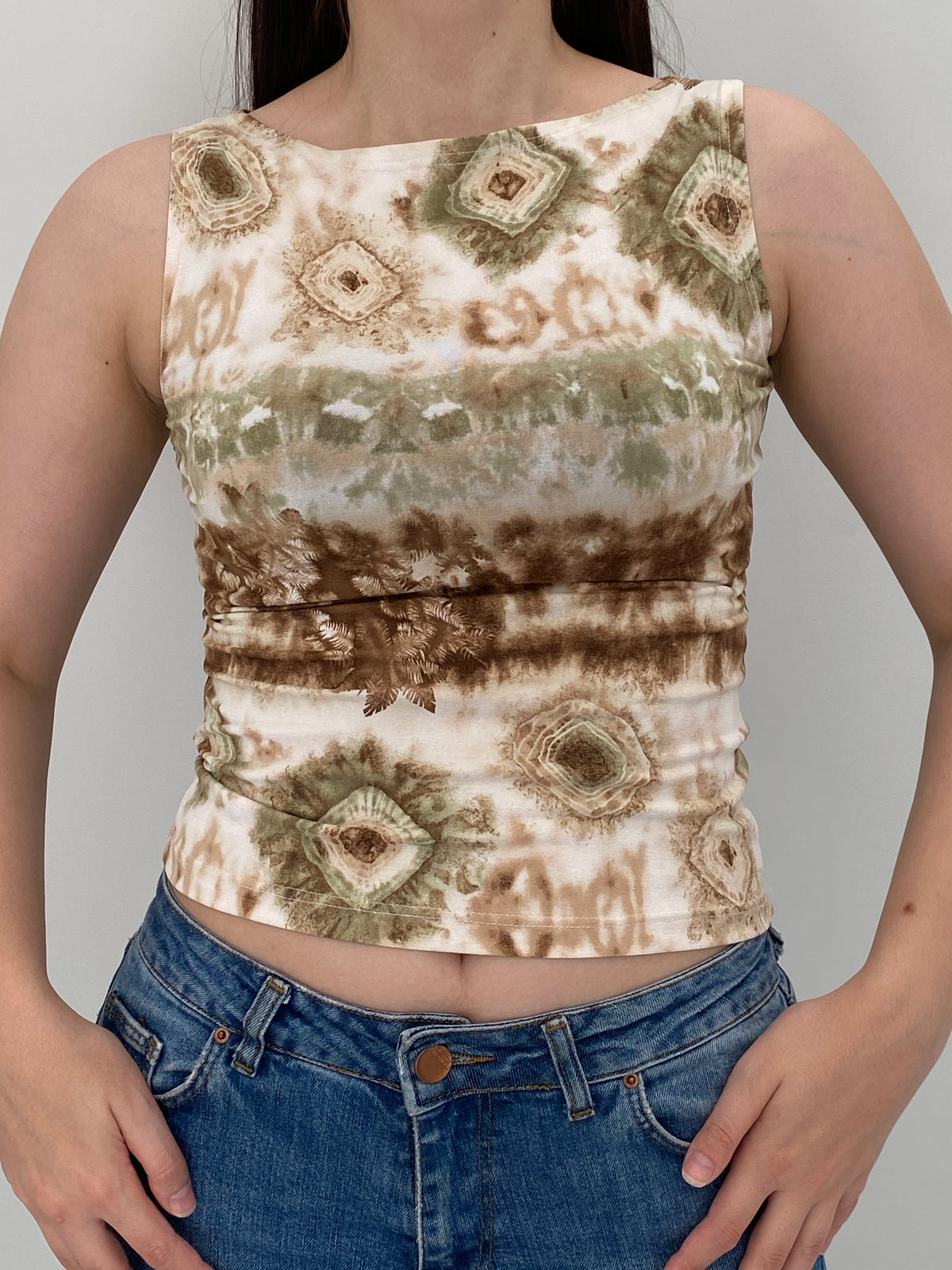 Y2K Rouge Paris Beige Brown Abstract Print Fitted Tank Top – S