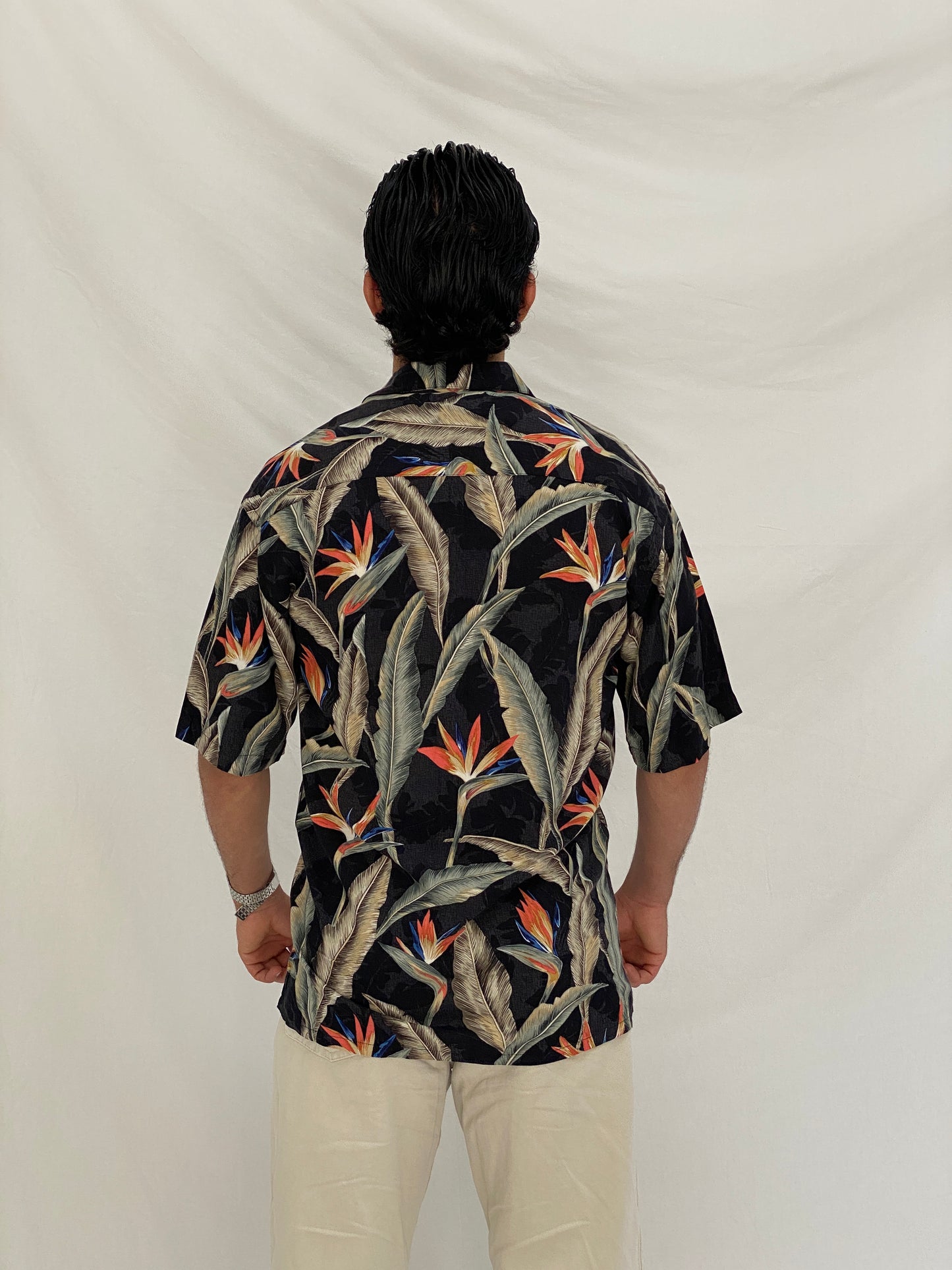 Vintage Campia Moda Hawaiian Black Tropical Bird of Paradise Resort Shirt - S