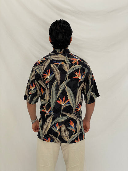 Vintage Campia Moda Hawaiian Black Tropical Bird of Paradise Resort Shirt - S
