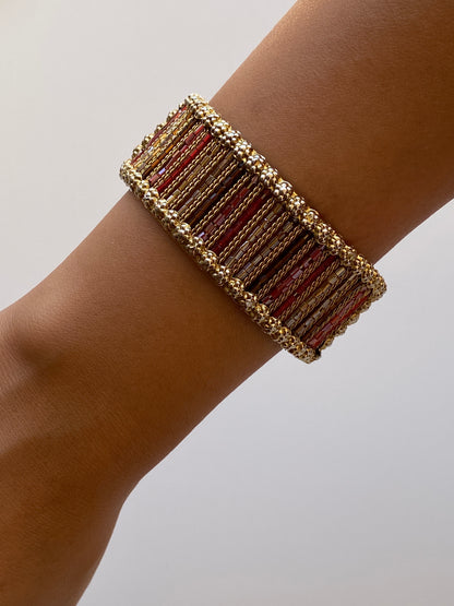 Vintage Gold-Tone Red & Amber Beaded Hinged Cuff Bracelet