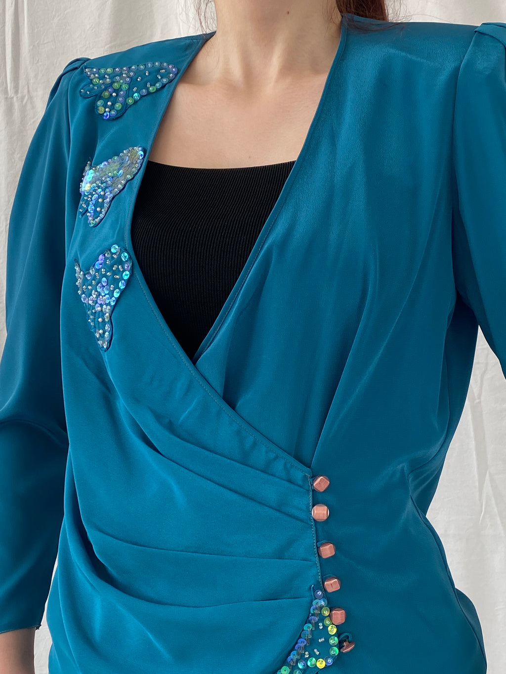 Vintage Handmade Turquoise Aqua Women’s Long Sleeve Sequin Party Wrap Blouse - M