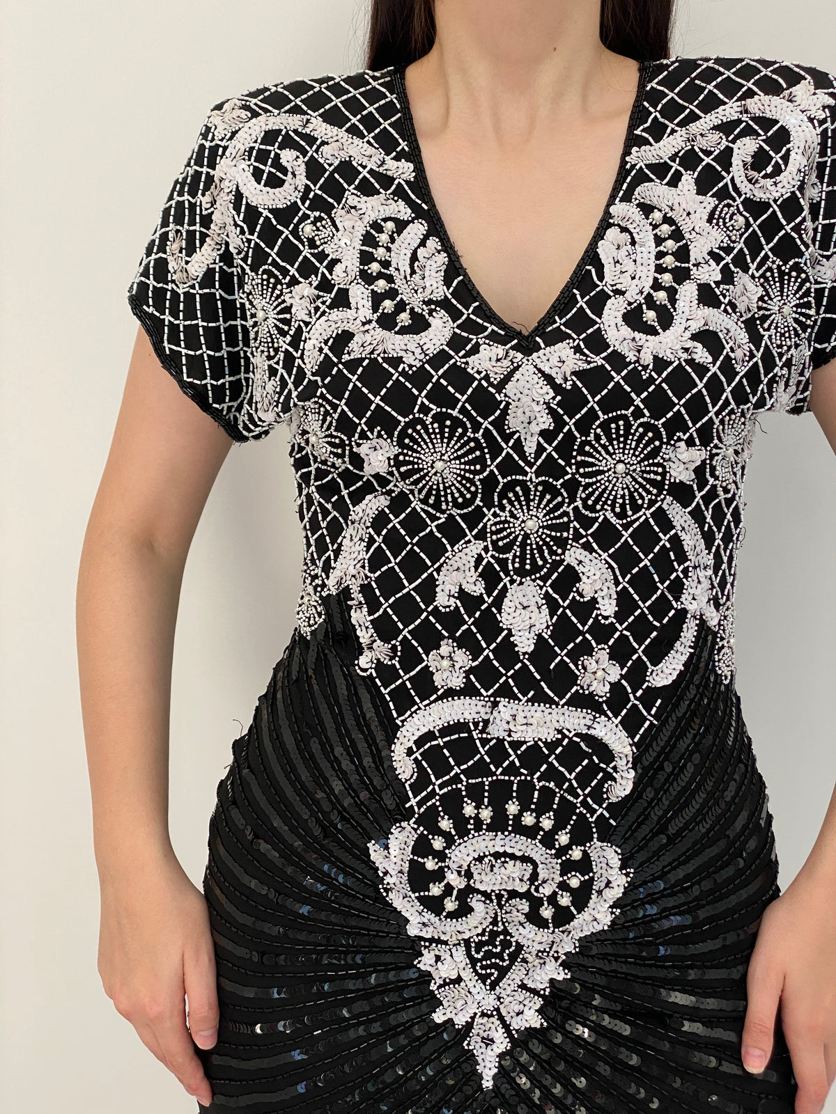 Vintage 80s Laurence Kazar Black & White Silk Beaded Sequin Cocktail Dress - M