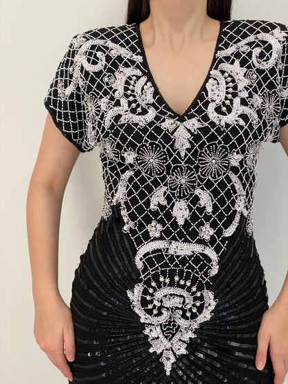 Vintage 80s Laurence Kazar Black & White Silk Beaded Sequin Cocktail Dress - M