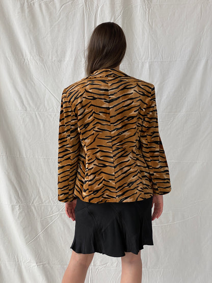 Vintage 90s Dana Mode Tiger Print Faux Fur Black and Tan Blazer - L