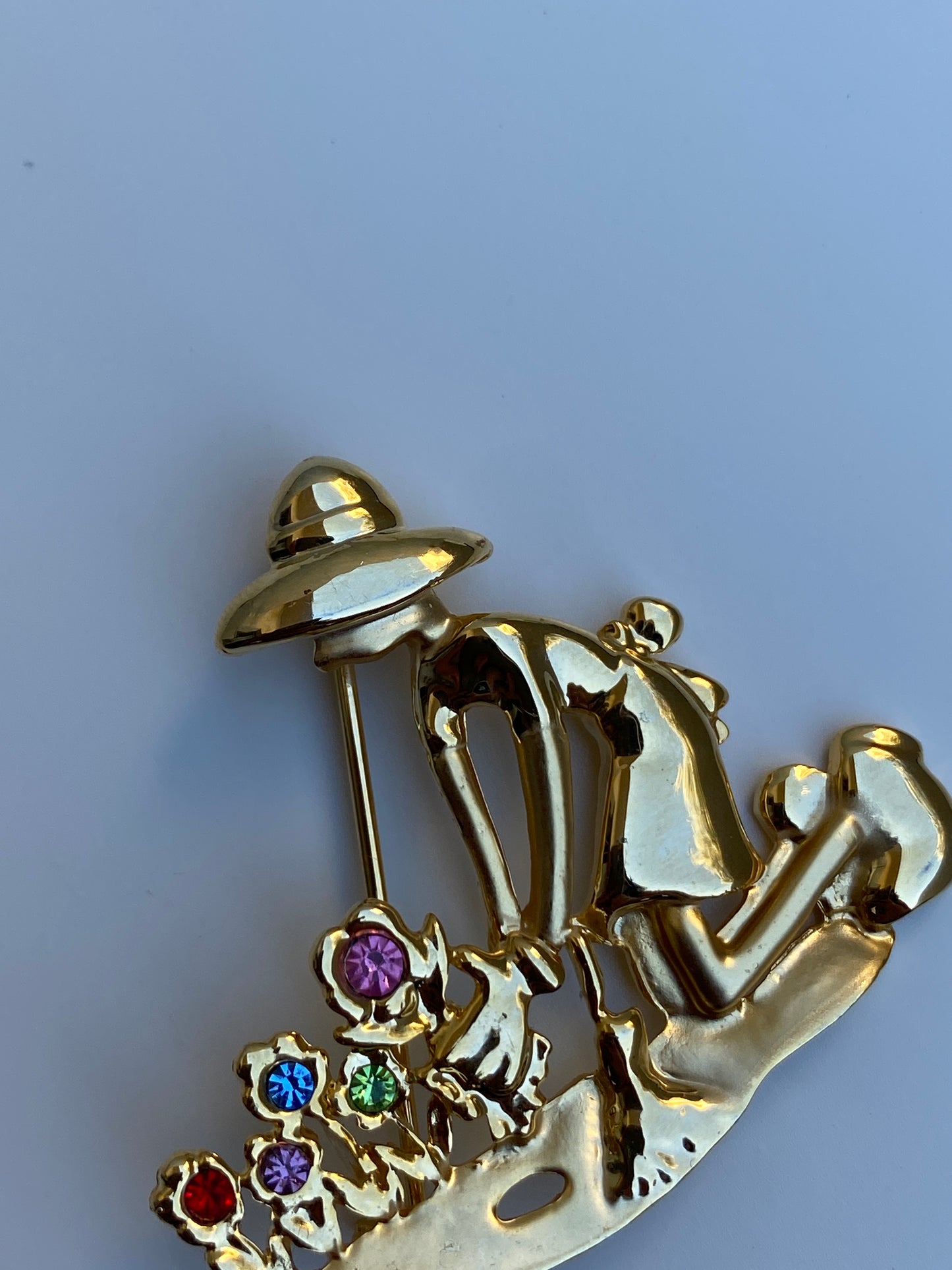Vintage White Stag Gold-Tone Gardener Rhinestone Brooch Figural Floral Pin