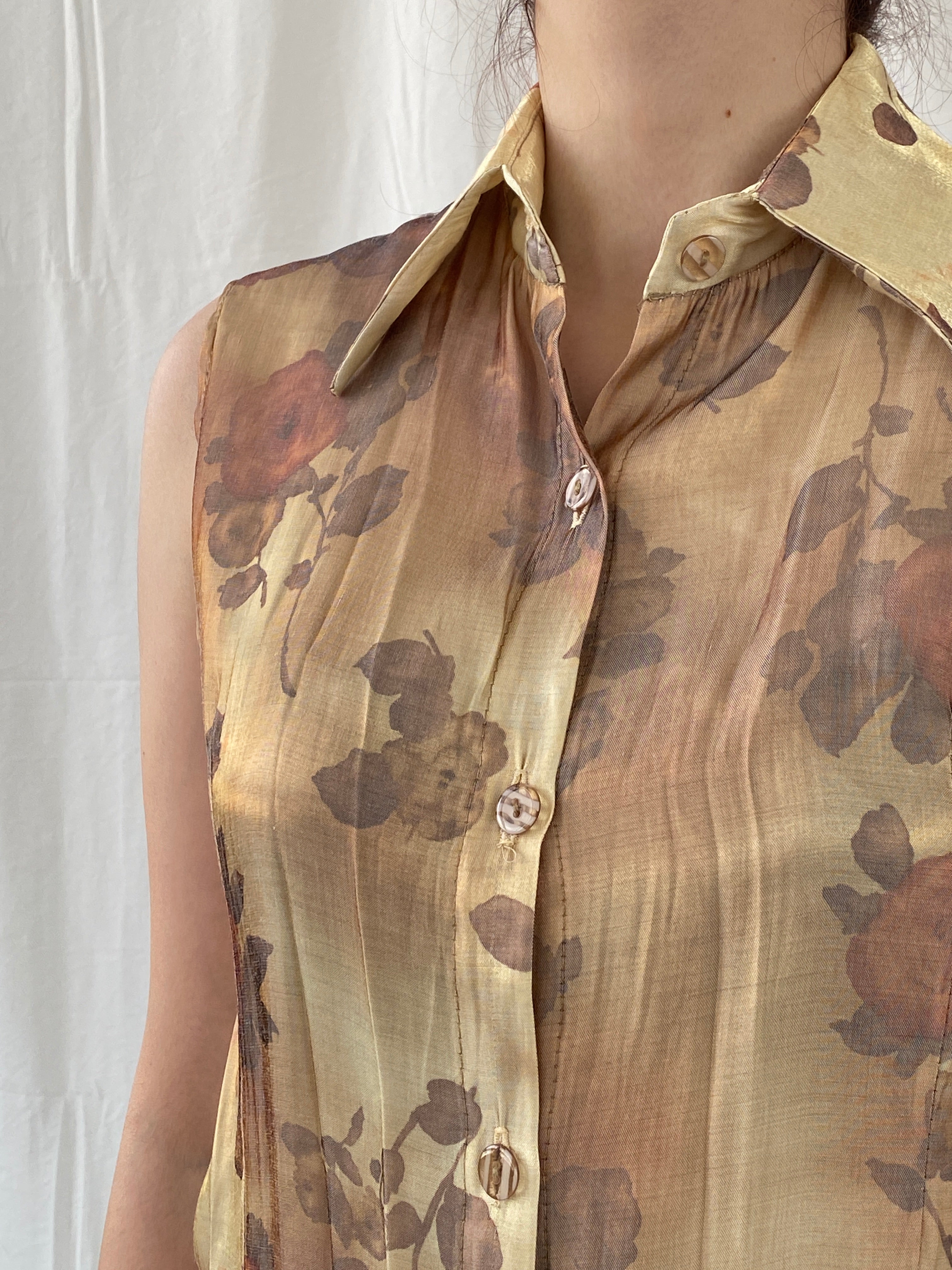 Vintage Shimmery Gold Women’s Buttoned Floral Sleeveless Shirt - M