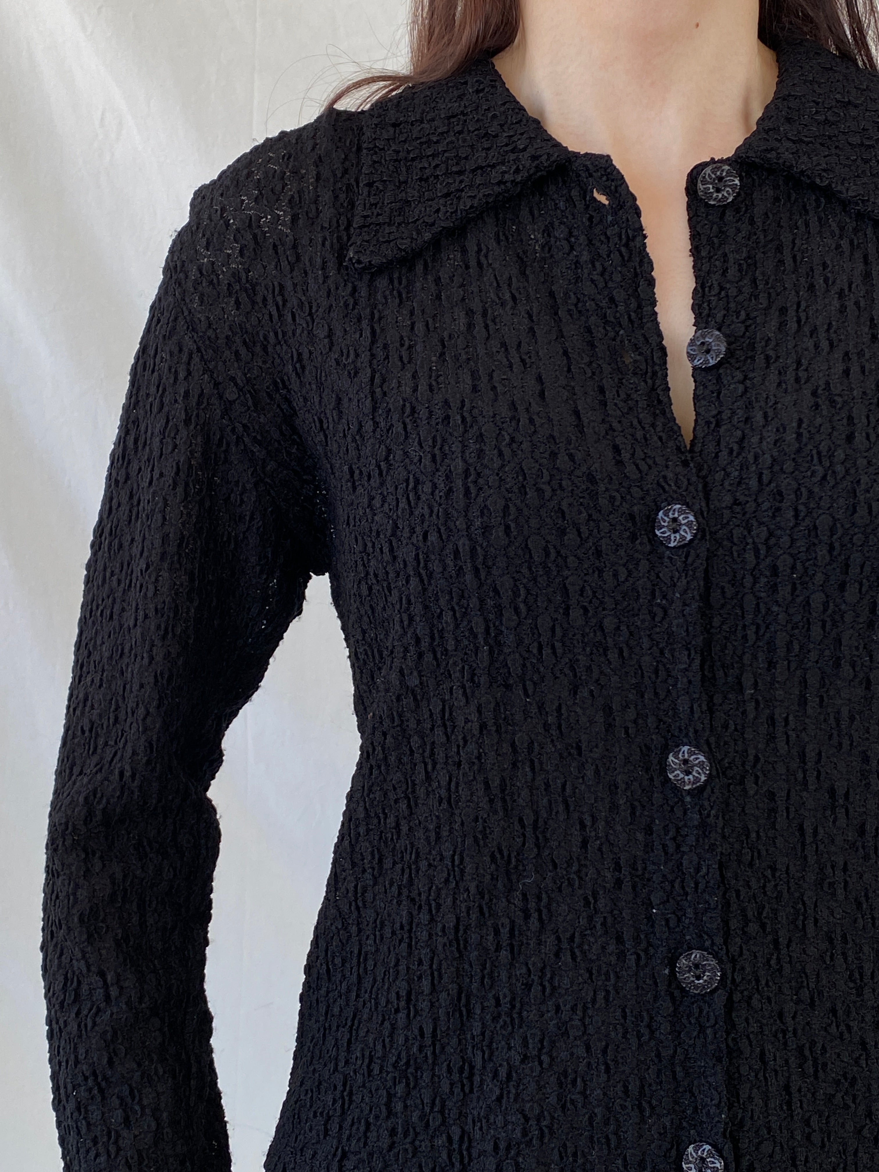 Vintage Black Crinkle Knit Cardigan Textured Long Sleeve Shirt - M