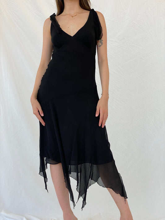 Nicole Miller Asymmetric Midi Black Layered Silk Dress - M