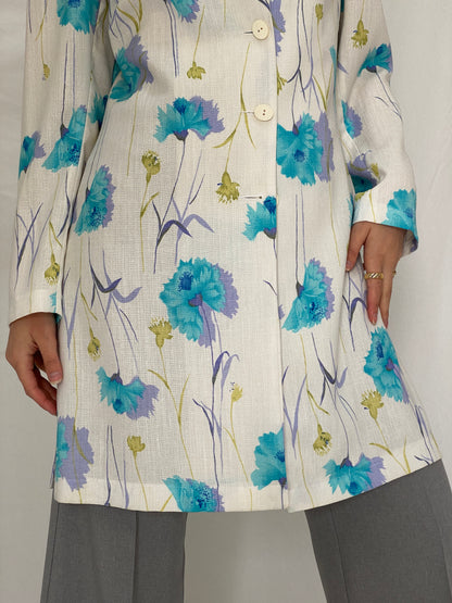 Vintage As Niobe New Line by ASM Floral Long Blazer 90s Blue Botanical Tailored Jacket - M