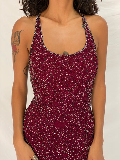 Vintage Romy Scala Burgundy 100% Silk Beaded Cross-Back Maxi Dress – M