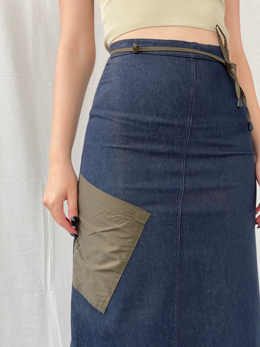 Vintage JDF Paris Archival Ruched Trim Utility Maxi Denim Skirt  - S