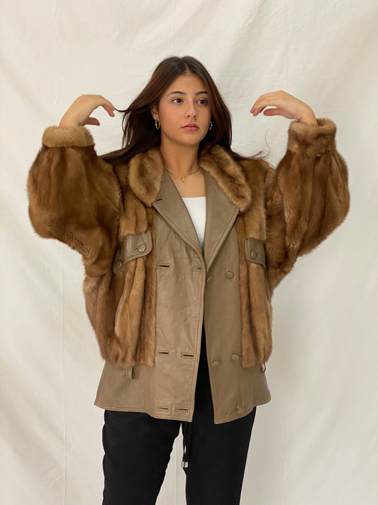 Vintage GTH Stoll Hannover Two-Tone Leather & Mink Fur Bomber Jacket - XL