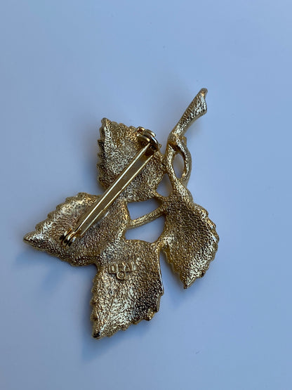 Vintage DFA Gold Tone Textured Leaf Brooch Botanical Statement Pin