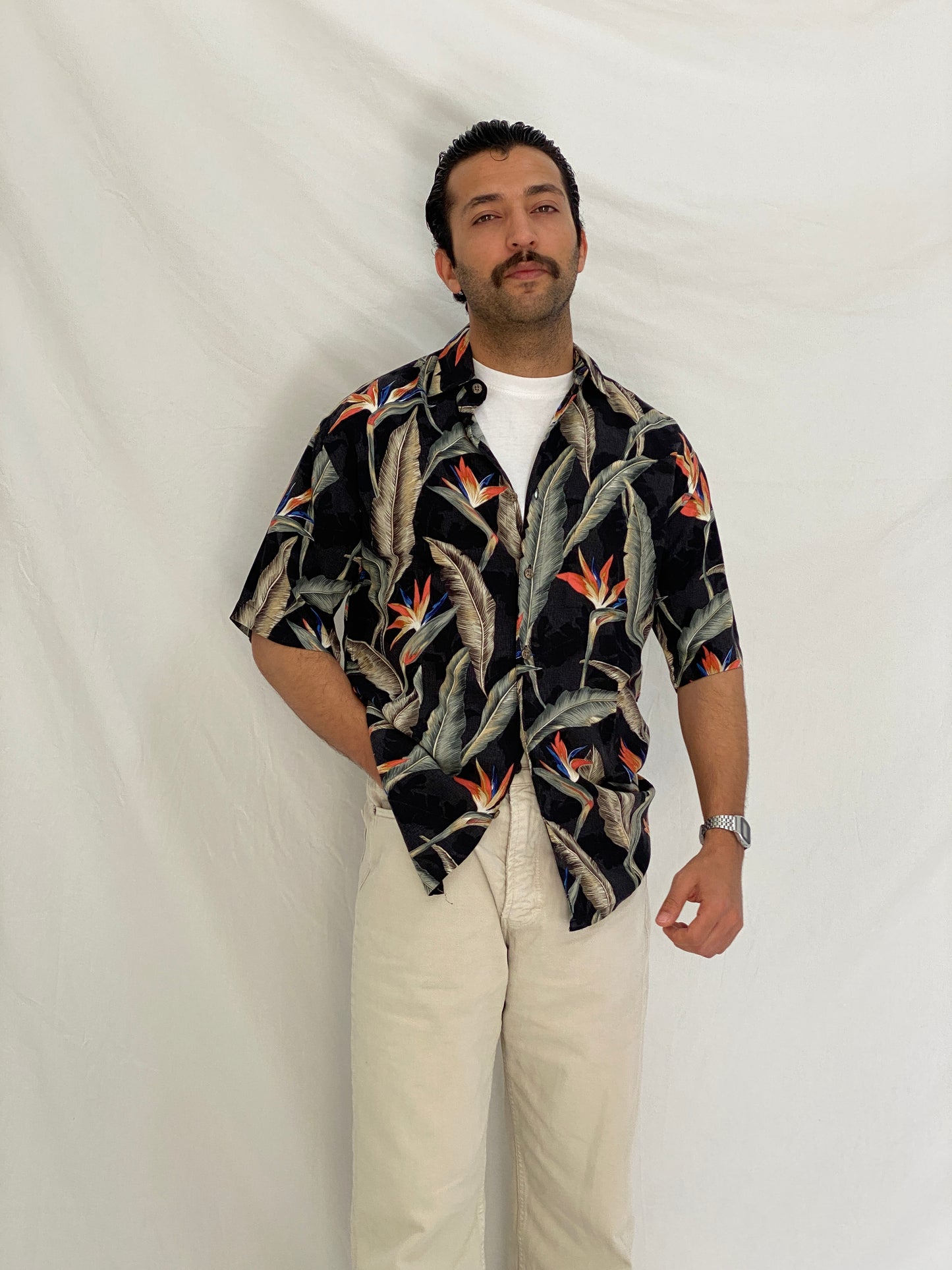 Vintage Campia Moda Hawaiian Black Tropical Bird of Paradise Resort Shirt - S
